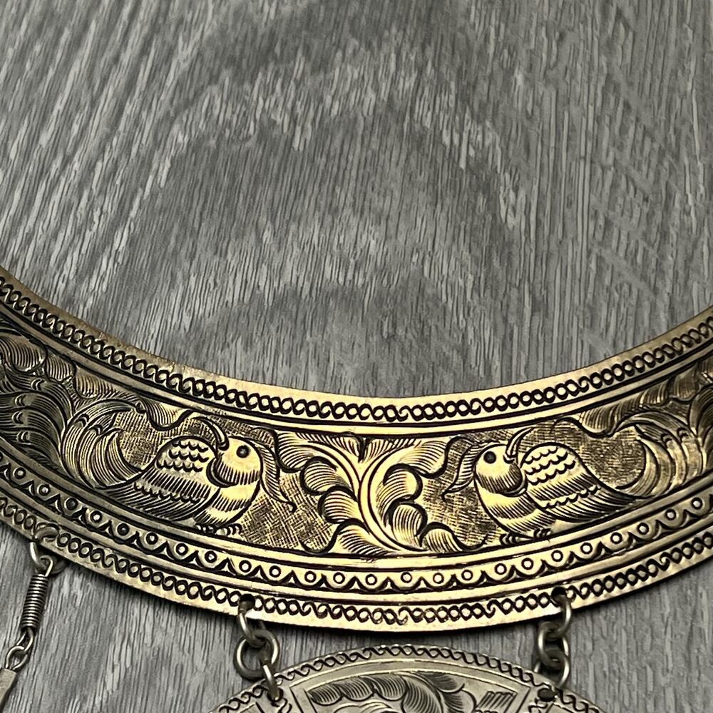 Tribal Boho Collar Statement Necklace Engraved Birds Medallion Dangles Bells - Picture 5 of 16